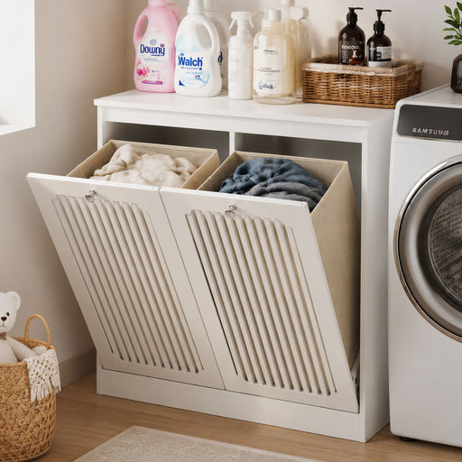 Louvered Flip Top Laundry Cabinet With Dual Fabric Baskets - White Home Essentials