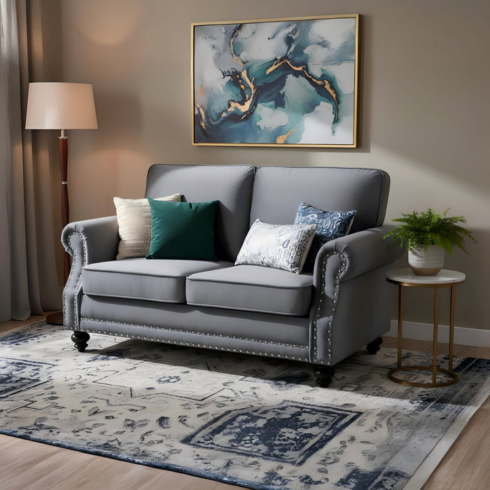 Loveseat Sofa With Nailhead Detail & Turned Legs, 2 Seater Upholstered Couch US Pride