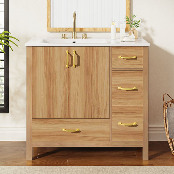 Bathroom Vanity, 2 Soft Close Doors, 4 Soft Close Drawers, Adjustable Shelf, Storage Cabinet - Acacia Wood Hearth and Haven