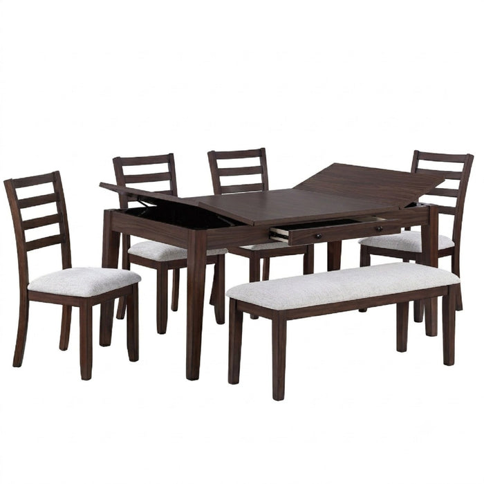 6 Piece Dining Set Table With Storage Ladder Back Chairs And Bench - Walnut Home Essentials