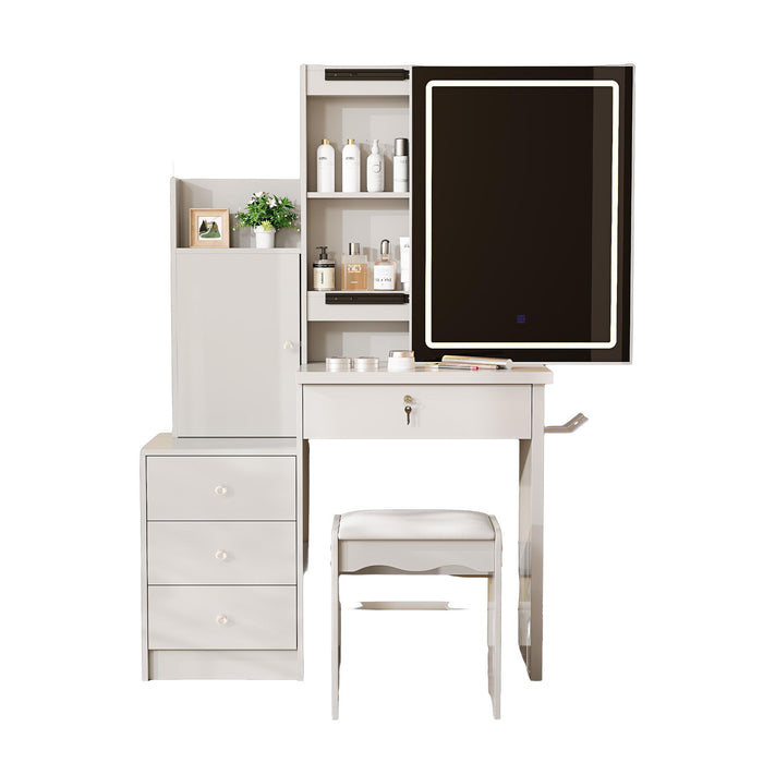 Vanity Desk Set With Sliding Lighted Mirror, 4 Drawer Makeup Dressing Table With 9 Storage Spaces, Hidden Compartments & Cushioned Stool, Beauty Furniture For Bedroom - White Home Essentials