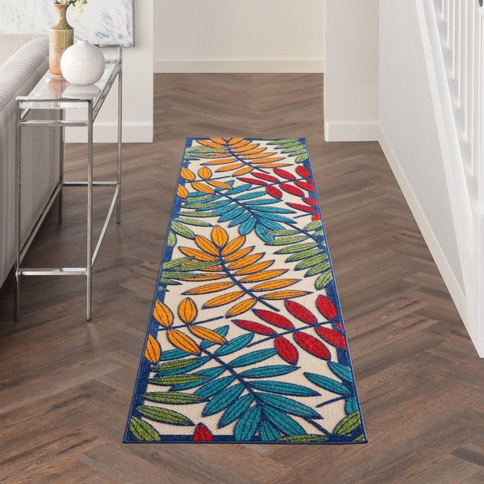 2' X 10' Floral Indoor & Outdoor Area Rug - Ivory / Blue