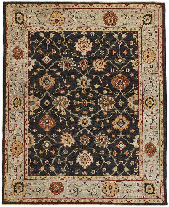 Floral Hand Knotted Stain Resistant Area Rug With Fringe - Black Gold And Gray Wool - 8' X 10'