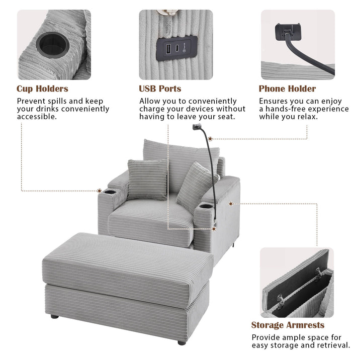 Modern Style Single Sofa Sofa Couch With Storage Space, A Movable Ottoman, 2 USB Ports, 2 Cup Holders, A Phone Holder For Living Room Hearth and Haven