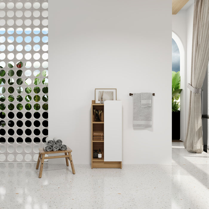 Freestanding Bathroom Side Cabinet, Narrow Storage Cabinet With Single Door & 3 Tier Open Shelves - Black / Light Oak / White Home Essentials
