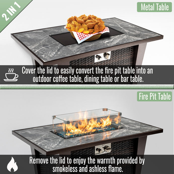 Fire Pit Table, Glass Wind Guard And Rain Cover, Lid - Brown Patioseek