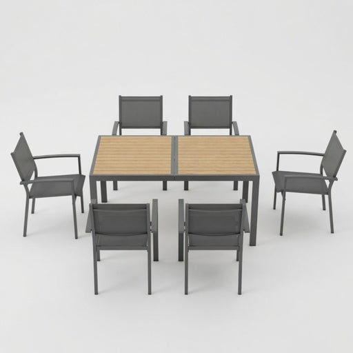 7 Piece Gray Patio Dining Set With Hdps Table And Textilene Chairs For Outdoor Use, Metal Furniture Home Essentials