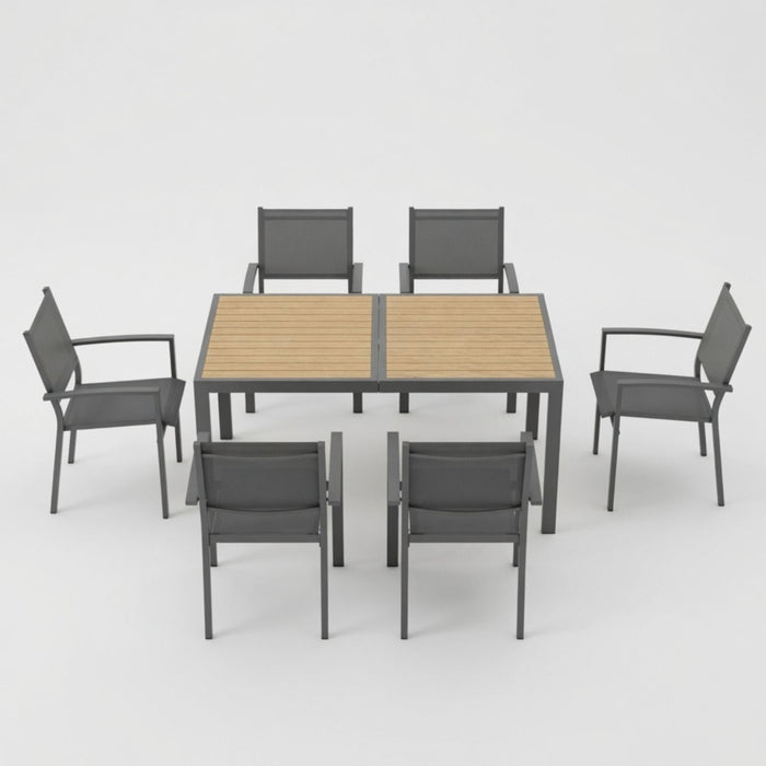 7 Piece Gray Patio Dining Set With Hdps Table And Textilene Chairs For Outdoor Use, Metal Furniture Home Essentials