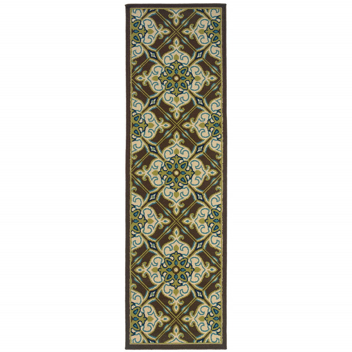 2' X 8' Floral Stain Resistant Indoor / Outdoor Area Rug - Brown / Ivory