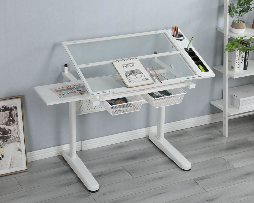 Hand Crank Adjustable Drafting Table Drawing Desk With 2 Metal Drawers (White) With Stool
