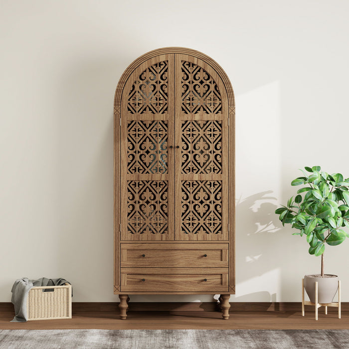 Tall Kitchen Pantry Cabinet With Hollow Carved Doors 2 Drawers And Adjustable Shelves Storage Display Cabinet For Kitchen Dining Room Or Living Room - Walnut Home Essentials