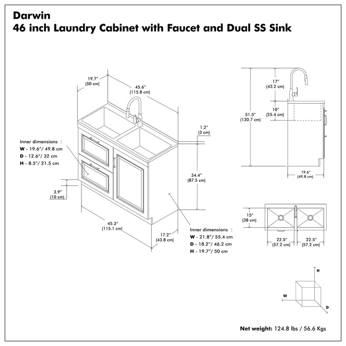 Darwin - Laundry Utility Sink And Cabinet With Dual Sinks, Pull Out Faucet - White Simpli-Home