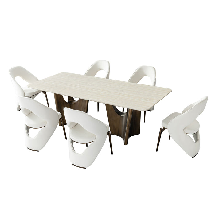 Dining Table Set With Upholstery - Ancient White / Antique Bronze / Beige Home Essentials
