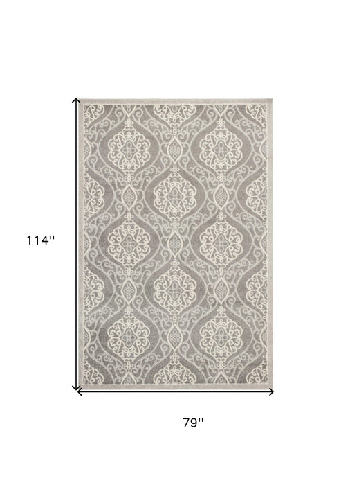 7' X 10' Machine Woven UV Treated Floral Ogee Indoor / Outdoor Area Rug - Silver Gray