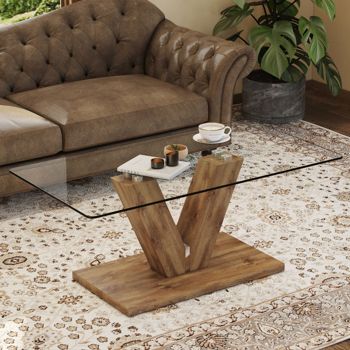 A Modern Minimalist Style Coffee Table Transparent Tempered Glass Tabletop With Wooden MDF Columns. Suitable For Living Room And Dining Room