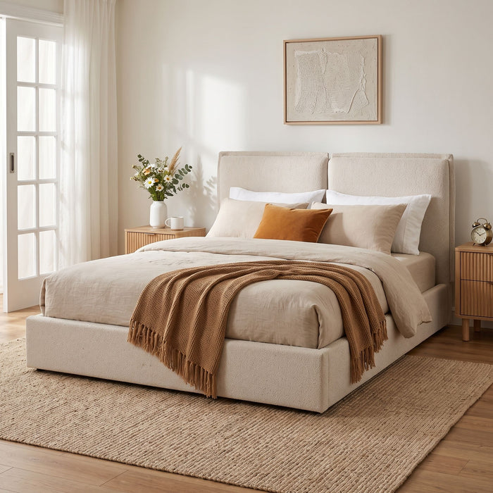 Double Pillow Upholstered Headboard, Skin Friendly Textured Fabric , Queen - Beige Noble House