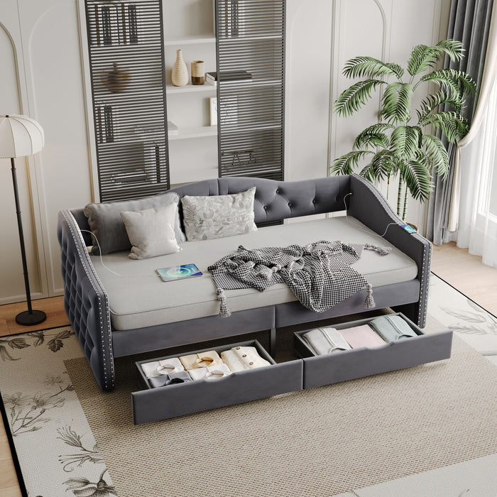 Full Size Bed Frame, Upholstered Cloud Bed Frame With Headboard, 2 Storage Drawers And 2 USB Charging Design, No Box Spring Needed - Gray Home Essentials