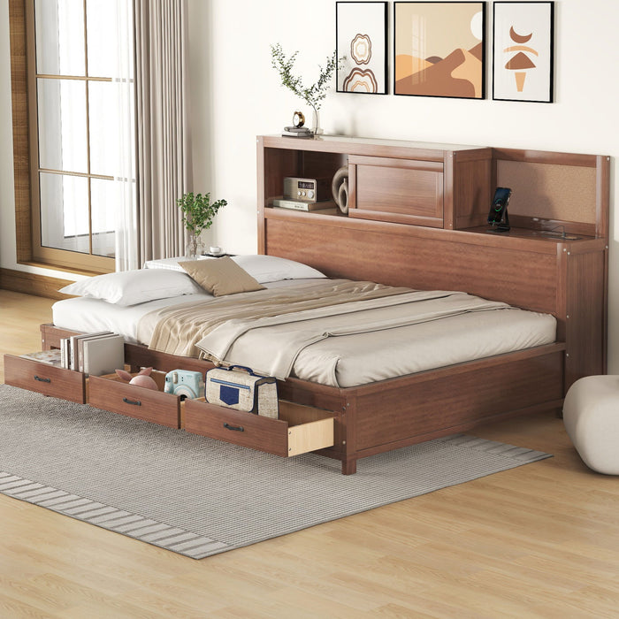 Full Size Wooden Daybed With 3 Storage Drawers, Upper So Feet Board, Shelf, And A Set of Sockets And USB Ports, Brown