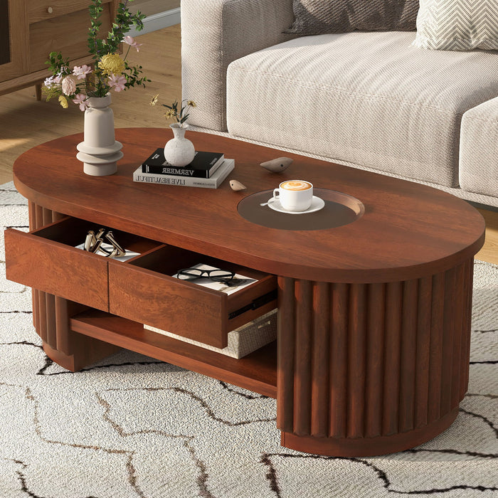 Fluted Oval Coffee Table With Drawers, 2 Tier Cocktail Table Hearth and Haven
