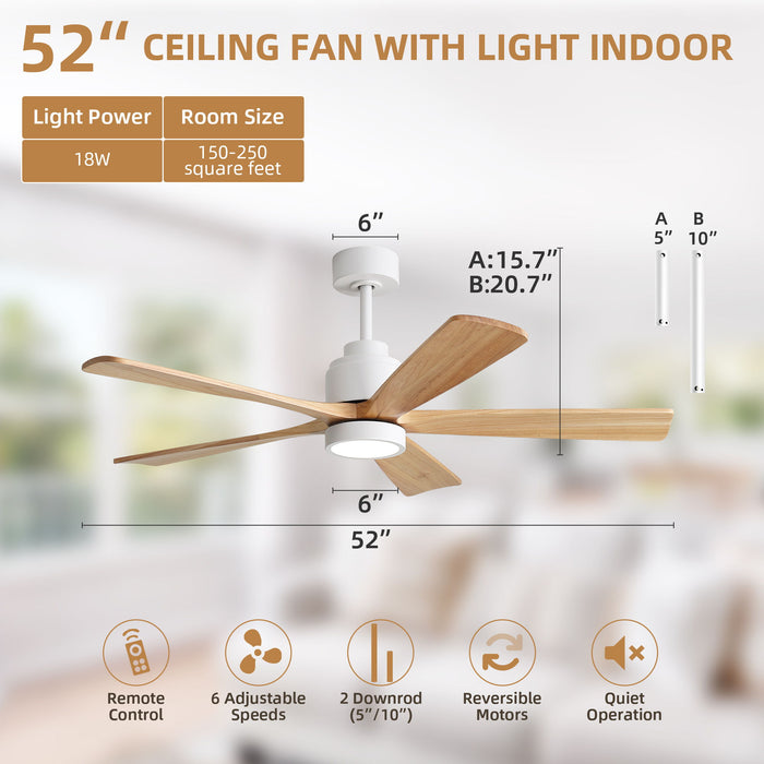 52" Ceiling Fan With Remote Control, Dimmable 3 Color Temperature LED Light, Quiet Reversible DC Motor Daily Nest
