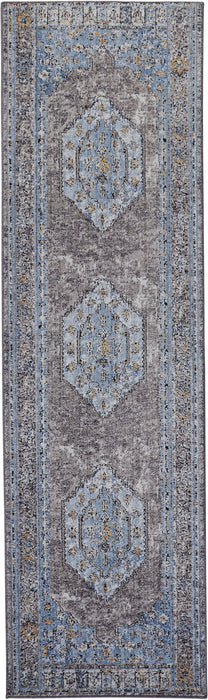 Floral Stain Resistant Runner Rug - Blue Gray And Gold - 8'