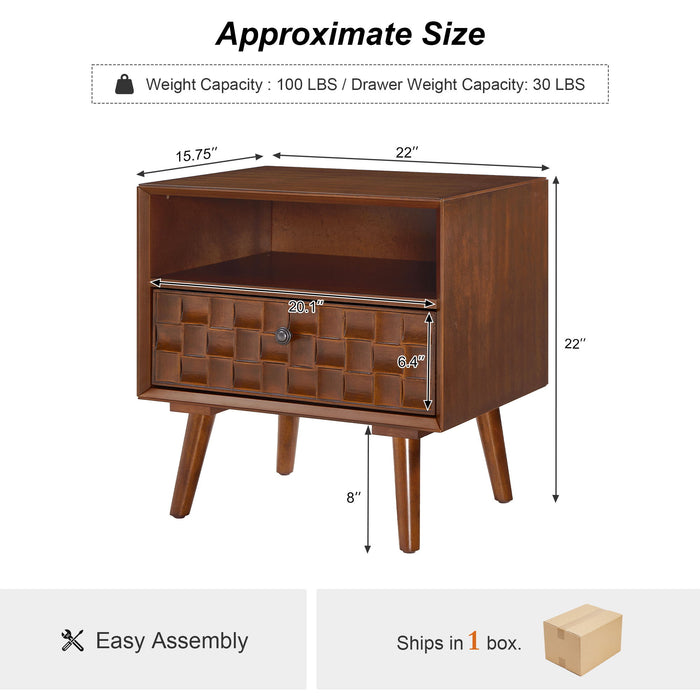 Nightstand With Carved Geometric Drawer Front, 1 Drawer And Open Shelf Home Essentials