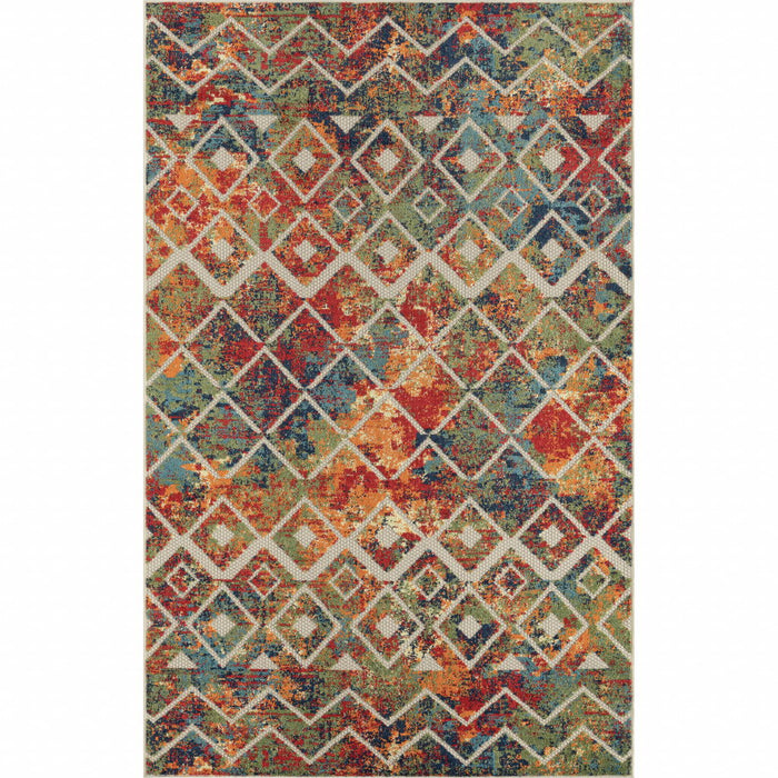 5' X 8' Geometric Non Skid Indoor / Outdoor Area Rug - Red / Ivory