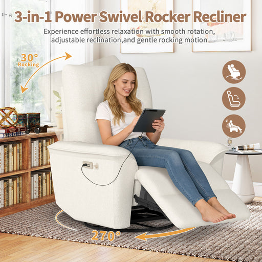 270° Power Swivel Rocker Recliner Chair With Phone Holder, Electric Glider Reclining Sofa With USB Ports For Living Room Bedroom - Beige Home Essentials