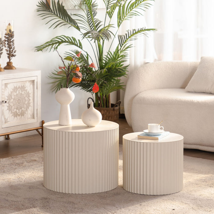 Drum Nesting Coffee Table With Wave Stripe Design For Living Room (Set of 2) - Beige / White Home Essentials