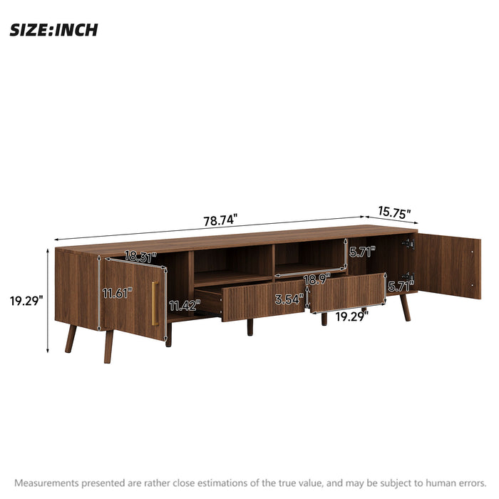 78" TV Stand For 85" TVs With Fluted Doors, Open Shelf, Cable Management - Walnut Hearth and Haven