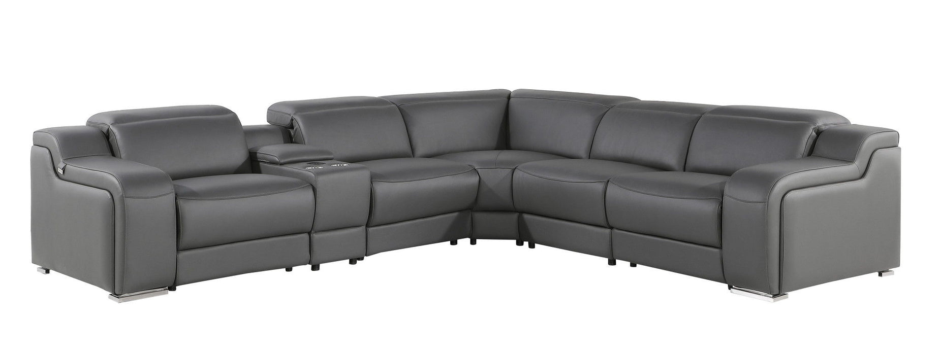 Italian Leather Power Reclining L Shaped Six Piece Corner Sectional With Console - Dark Gray