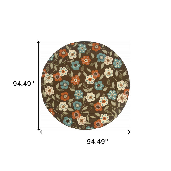 8' X 8' Round Floral Stain Resistant Outdoor / Indoor Area Rug - Brown / Ivory