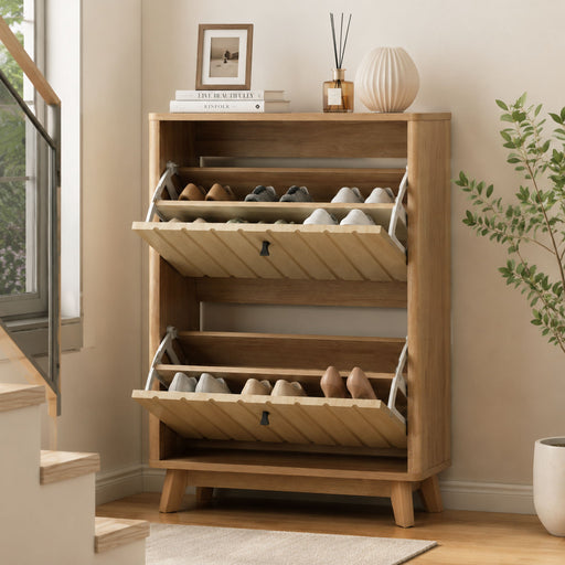 Entryway Shoe Cabinet With Flip Down Storage, Ultra Thin Freestanding Design For Home Use - Oak Home Essentials