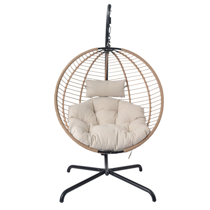Sora - Outdoor Patio Wicker Hanging Chair With Stand - Beige / Brown