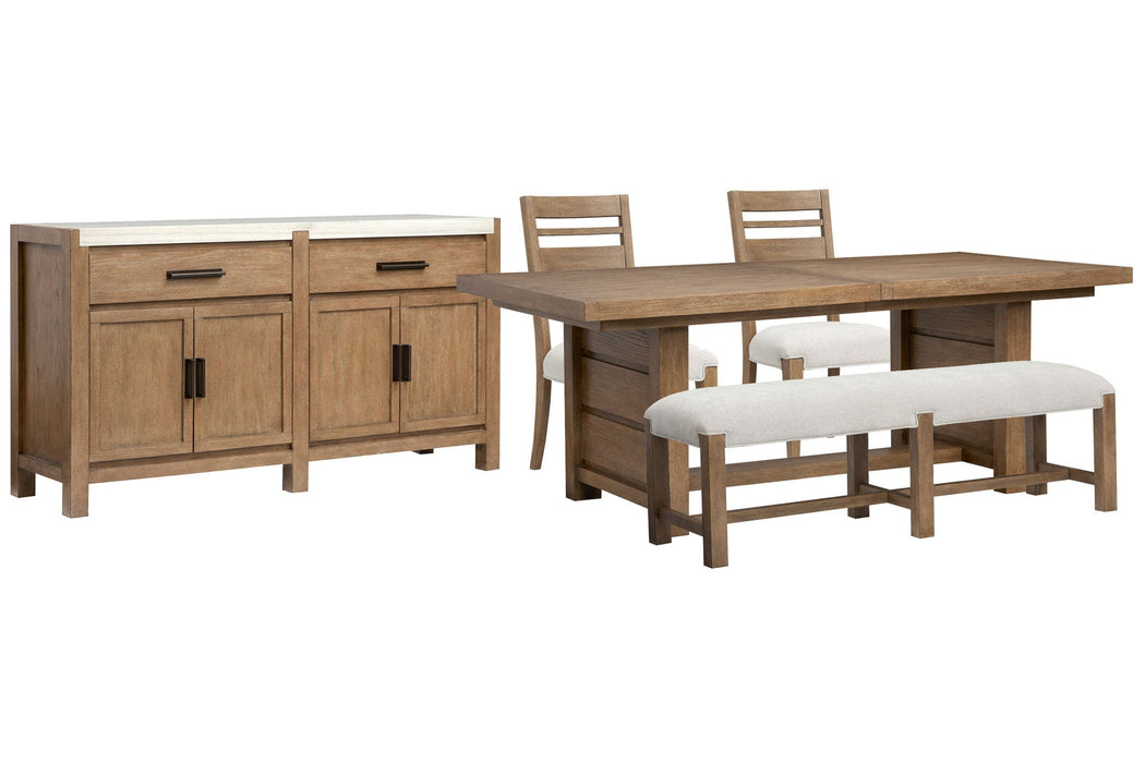 Plum Creek - 5 Piece Extendable Trestle Dining Table Set Magnussen Furniture