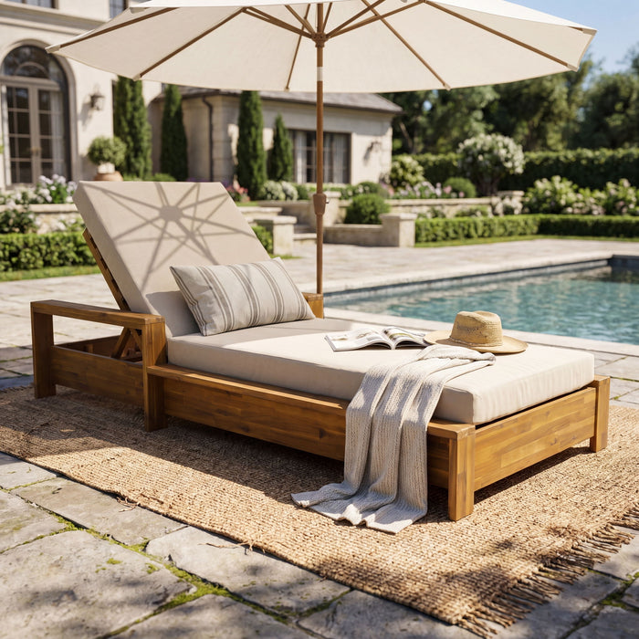 Chaise Lounge Set With 3 Position Adjustable Backrest, 2 Fold Cushion, Outdoor Recliner For Patio - Cream / Teak Noble House