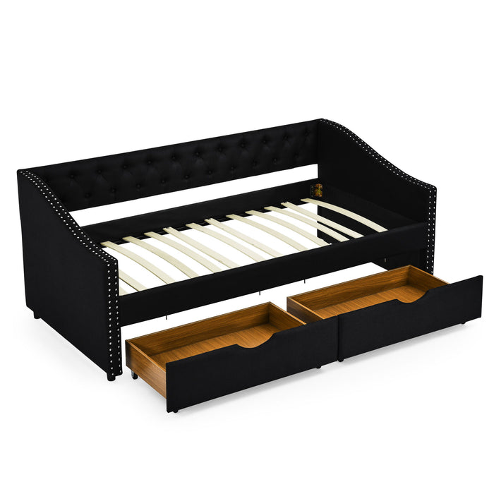 Upholstered Tufted Daybed With 2 Drawers, Waved Arms Home Essentials