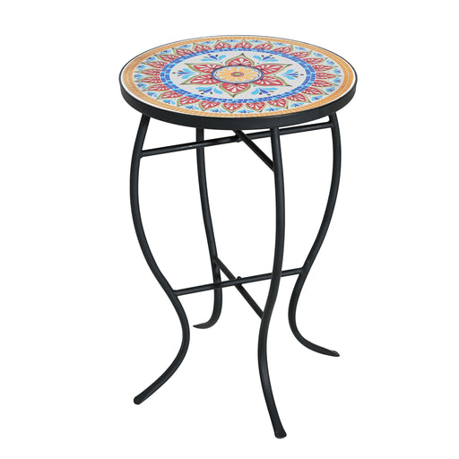 Outdoor Round Side Table With Mosaic Style Top And Curved Iron Legs Noble House