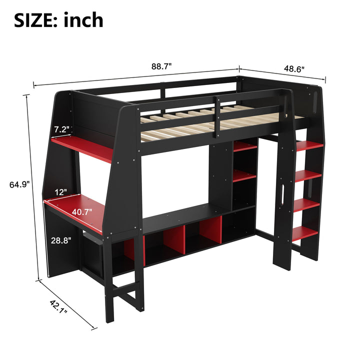 Gaming Loft Bed With Desk, Multi Storage Shelves, LED Lighting, And Hanging Clothes Rack Hearth and Haven