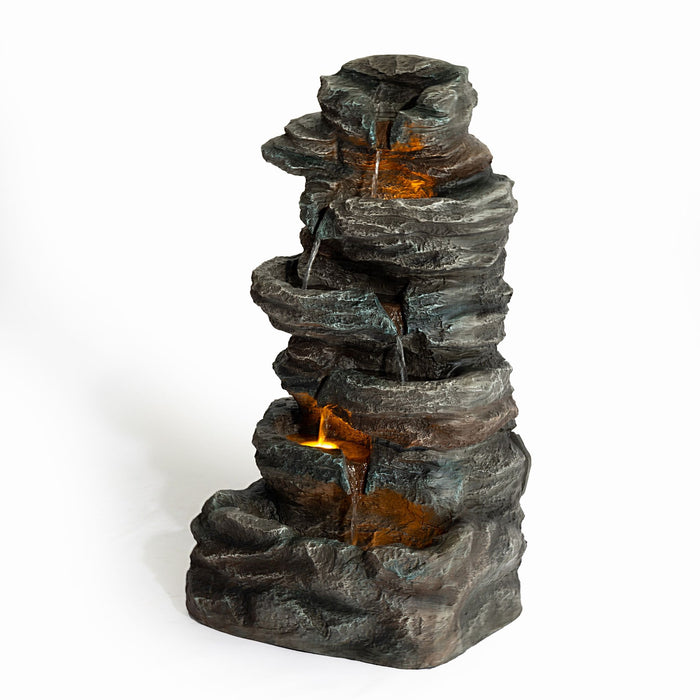 6 Tier Cascading Stone Water Fountain With LED Lights - Gray Patioseek