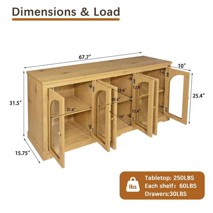 Modern Arched Glass Sideboard With 6 Doors, Buffet Cabinet With Storage And Adjustable Shelves Home Essentials