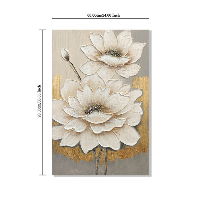 Lotus Flower Canvas Wall Art, Hand Painted Thick Textured Floral Painting With Accents, Neutral Decor For Living Room - Antique White / Gray Daily Nest
