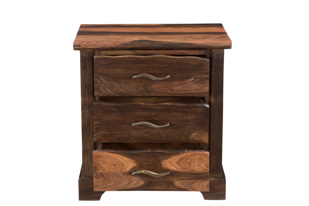 Three Drawer Solid Wood Nightstand - Dark Brown