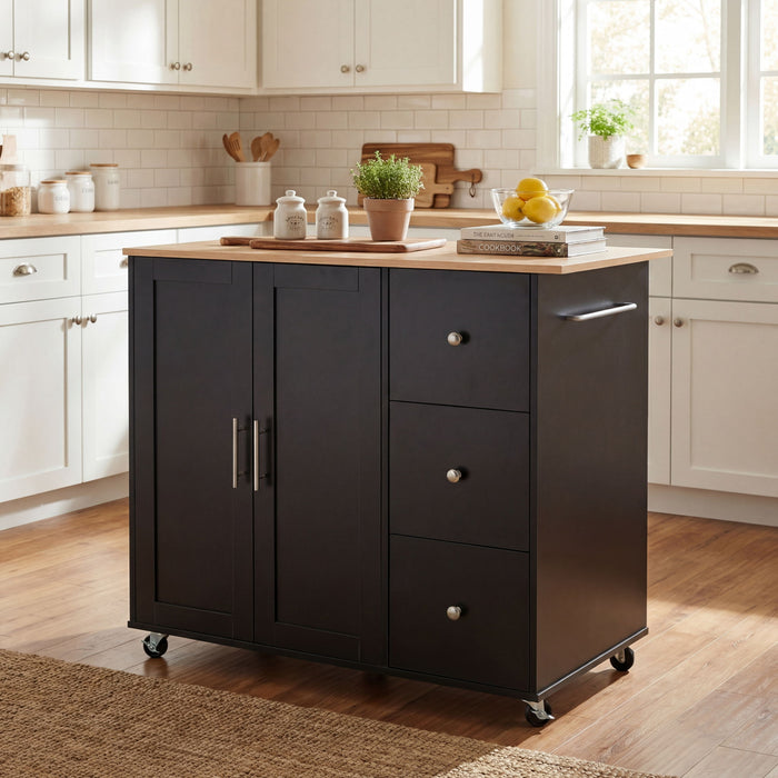 Mobile Kitchen Cart With Storage With 2 Doors, 3 Drawers & Adjustable Shelf - Black / Natural Noble House