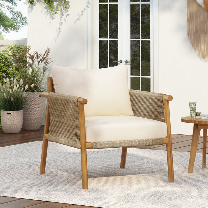 Modern Outdoor Woven Lounge Chair With Solid Frame And Cushions Noble House