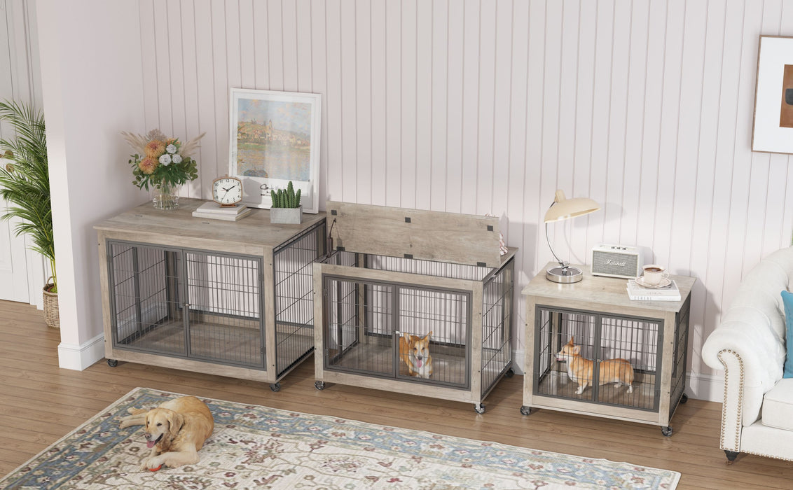 Furniture Style Dog Crate Side Table On Wheels With Double Doors And Lift Top, Gray