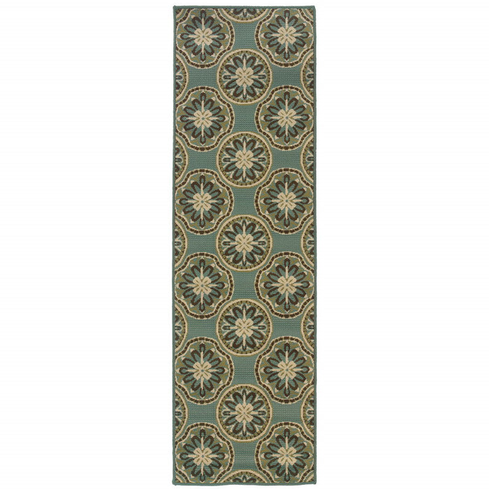 2' X 8' Floral Stain Resistant Indoor & Outdoor Area Rug - Blue / Ivory