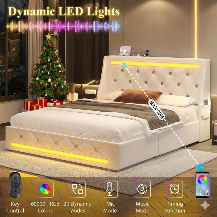 Wingback Upholstered Bed Frame With LED Lights, Charging Station Home Essentials