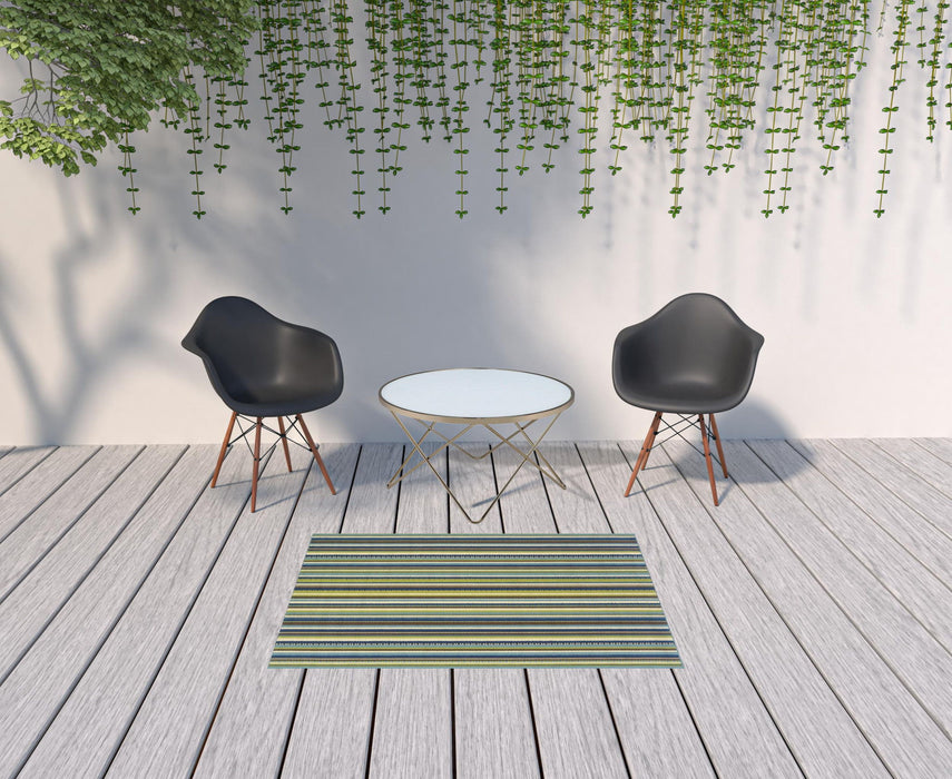 4' X 6' Striped Stain Resistant Indoor / Outdoor Area Rug - Blue / Green