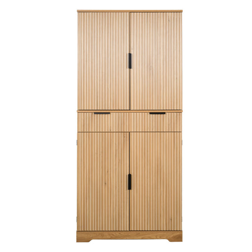 Fluted Kitchen Pantry Cabinet With 3 Keyboard Drawers & 6 Door Shelves Adjustable Home Essentials